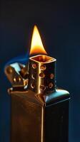 Close-Up of a Woman Lighting a Zippo Lighter on a Dark Background. Concept of Fire Ignition, Lighter Mechanics, Precision Lighting. Vertical photo