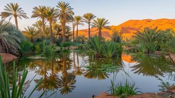 Beautiful Desert Oasis at Sunrise with Palm Trees and Reflecting Water Concept of serene nature, peaceful morning, and desert tranquility photo