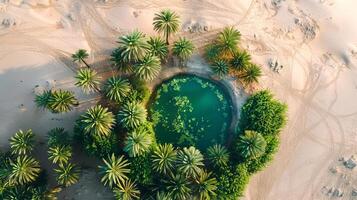 Stunning Aerial View of a Desert Oasis with a Small Pond Surrounded by Lush Palm Trees. Concept of Natural Beauty, Serenity, and Remote Landscapes photo