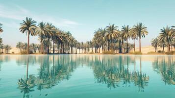 Serene Desert Oasis with Palm Trees and Calm Reflective Water. Concept of Tranquility, Nature's Tranquil Beauty, Stunning Desert Landscapes photo