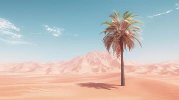 Lone Palm Tree in Desert Landscape Under Clear Blue Sky. Concept of Solitude, Natural Beauty, and Arid Climate. Copy space photo