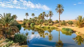 Oasis pond surrounded by palm trees in a desert landscape under a beautiful blue sky. Concept of natural oasis, desert vegetation, tranquil reflection photo