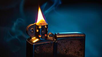 Close-up of a Sparkling Zippo Lighter with Flame Ignited in Dark Background. Concept of Darkness, Firelight, Sparkle photo