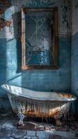 Eerie abandoned mansion bathroom with a broken mirror and a rusty bathtub. Concept of urban decay, forgotten spaces, vintage architecture, spooky atmosphere, Halloween, and scary ambiance. Vertical photo