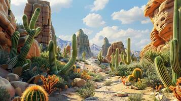 Breathtaking Southwestern Desert Landscape with Tall Cacti and Red Rock Formations Under Bright Blue Sky. Concept of Natural Beauty, Outdoor Exploration, Scenic Adventure photo