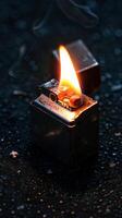 Close-Up of a Woman Lighting a Zippo Lighter on a Dark Background. Concept of Fire Ignition, Lighter Mechanics, Precision Lighting. Vertical photo