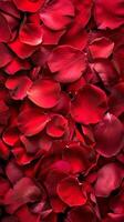 Vibrant Red Rose Petals Background. Concept of Love, Passion, Romantic Atmosphere, Valentine's Day celebration. Vertical. Greeting card. Copy space photo