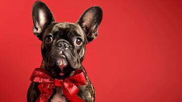 Portrait of a French Bulldog Wearing a Red Bowtie Against a Solid Red Background. Concept of canine elegance, pet fashion, cute dog, and vibrant color contrasts. Copy space photo