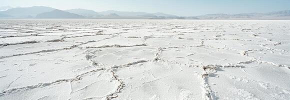 Vast Salt Flats in the Desert with Cracked Ground Under Clear Sky and Distant Mountains. Concept of Extreme Nature, Deserted Landscapes, and Geological Wonders. Banner photo