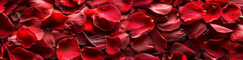 Vibrant Red Rose Petals Background Representing Love and Passion in a Beautiful Chaos. Concept of Romance, Affection, Beauty, Valentine's Day celebration. Wide banner. Greeting card. Copy space photo