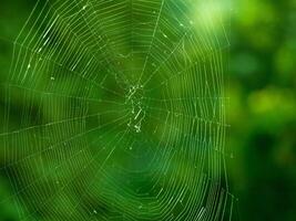 Close-up of a spider web with dewdrops against a green blurred background. Concept of nature, delicate structures, spiders, Forest Tranquility, and natural ecosystems. Copy space. Background photo