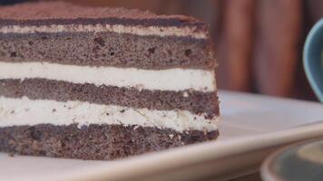 chocolate and cream cake on a plate on table video