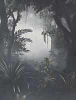 Exotic Tropical Jungle Rainforest trees fog and mist in the nature photo