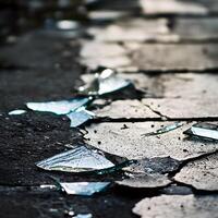 Shattered broken glass debris sharp pieces on the bottom photo