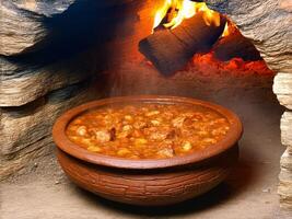 Traditional stew cooking over an open fire in a rustic setting during autumn evenings photo