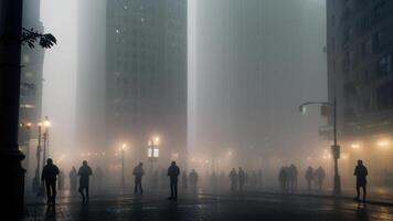 Foggy city street with blurred lights and silhouettes. photo