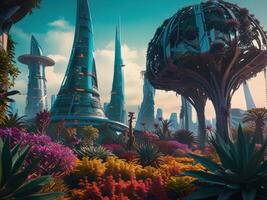 Prehistoric-inspired gardens in modern city decoration. Vegetation in park. Urban jungle. Futuristic cityscape with ancient ecosystems. photo