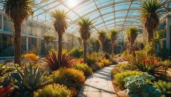 Prehistoric-inspired gardens in modern city decoration. Vegetation in park. Urban jungle. Futuristic cityscape with ancient ecosystems. photo