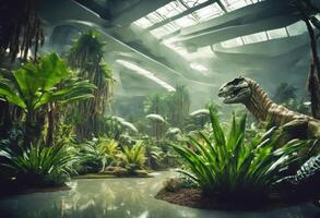 Prehistoric-inspired gardens in modern city decoration. Vegetation in park. Urban jungle. Futuristic cityscape with ancient ecosystems. photo