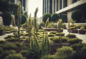Prehistoric-inspired gardens in modern city decoration. Vegetation in park. Urban jungle. Futuristic cityscape with ancient ecosystems. photo