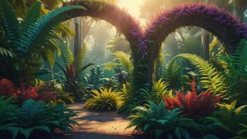 Prehistoric-inspired gardens in modern city decoration. Vegetation in park. Urban jungle. Futuristic cityscape with ancient ecosystems. photo