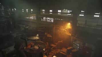 A Dark Industrial Scene that features Warm Lighting and a mysterious Fog enveloping it. Stock Clip video