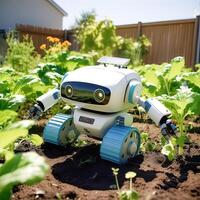 Funny small robotic device weeding on the kitchen-garden. photo