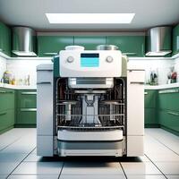 Dishwasher robot in the kitchen. Home assistant. photo