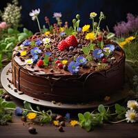 Chocolate cake a cake in which flowers and plants sprouted. Sweet dessert. photo