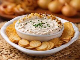 A bowl of dip sauce with caramelized onions. photo
