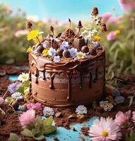 Chocolate cake a cake in which flowers and plants sprouted. Sweet dessert. photo