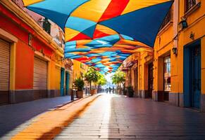 Multicolored umbrellas on street between the urban buildings. photo