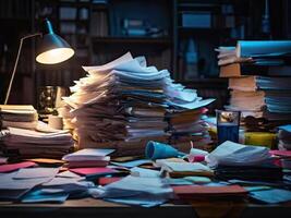 A pile of office papers and documents in the office interior. Routine paperwork. photo