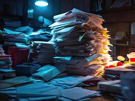A pile of office papers and documents in the office interior. Routine paperwork. photo