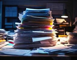A pile of office papers and documents in the office interior. Routine paperwork. photo