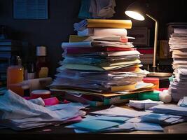 A pile of office papers and documents in the office interior. Routine paperwork. photo