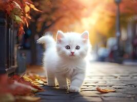 Adorable kitten on the urban street in fall season. Art painting of the pet. photo