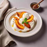 Roasted peaches with honey and mascarpone. photo