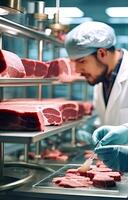 Concept of meat cultured from animal somatic cells. Meat sample in the disposable plastic container in modern laboratory. photo