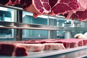 Concept of meat cultured from animal somatic cells. Meat sample in the disposable plastic container in modern laboratory. photo