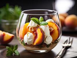 Roasted peaches with honey and mascarpone. photo