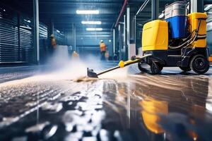 A worker cleaning floor with washing machine. photo