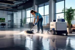 A worker cleaning floor with washing machine. photo