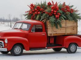 Red car with Christmas tree. photo