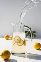 A pitcher of lemonade with a splash of water on top and lemons in the background. photo