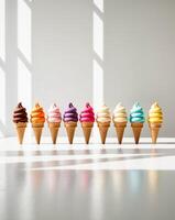A row of ice cream cones in a row with different colors. photo