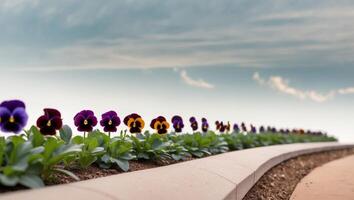 A row of colorful pansies in a flowerbed. photo