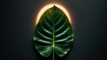 A large green leaf on a dark background with a spot of light centered. photo