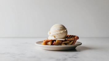 A slice of apple pie with a scoop of vanilla ice cream. photo