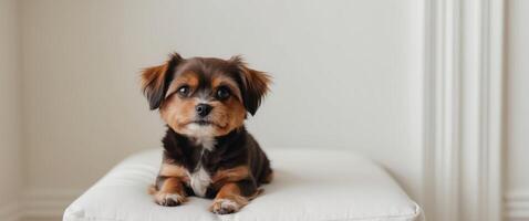 A small brown and black dog sitting on a white surface. photo